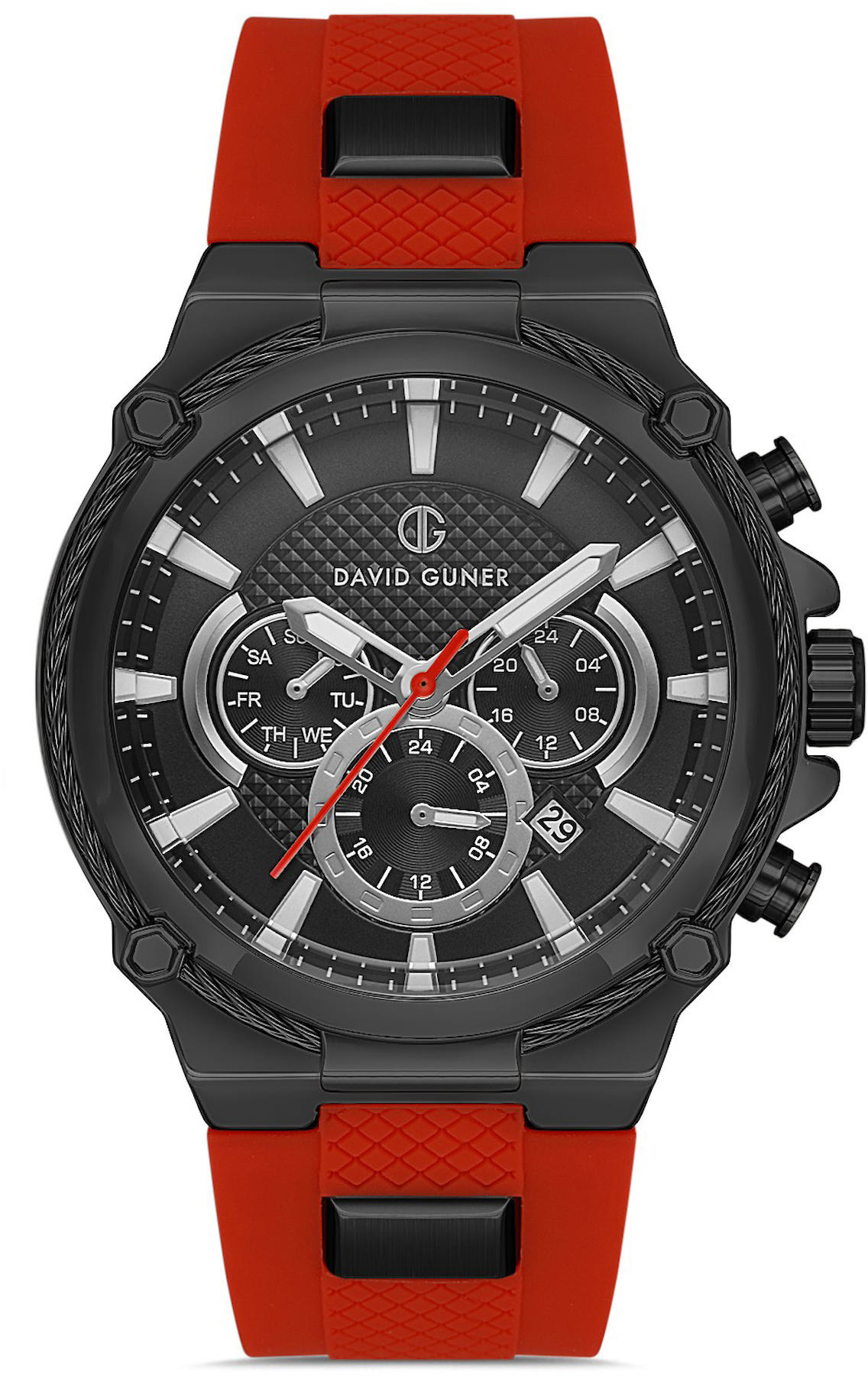 David Guner DG-8270GD-ZP2 Takvimli 42 mm Kırmızı Silikon Kordon Analog Kol Saati