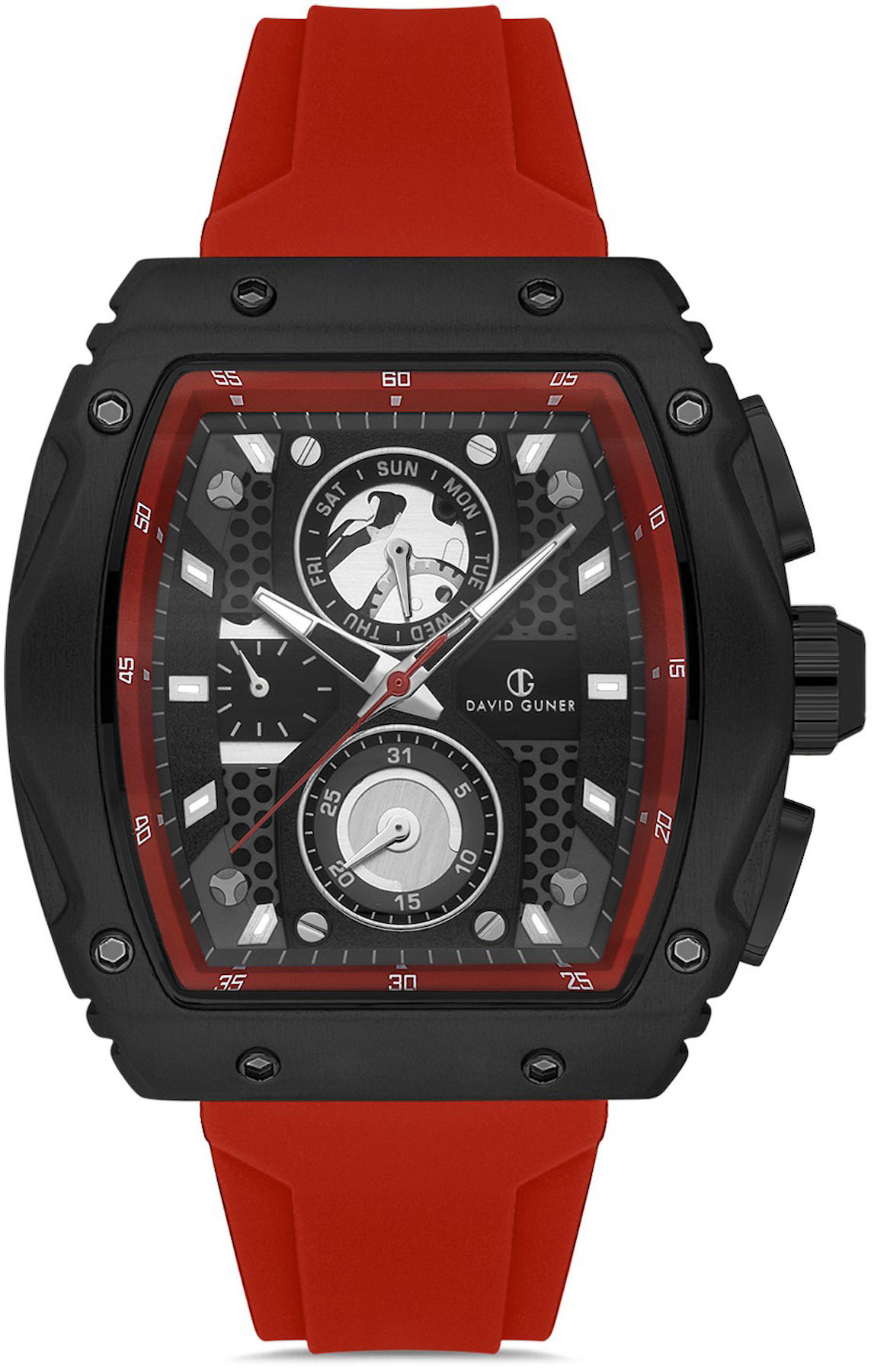 David Guner DG-8487GD-ZP2 Takvimli 42 mm Kırmızı Silikon Kordon Analog Kol Saati