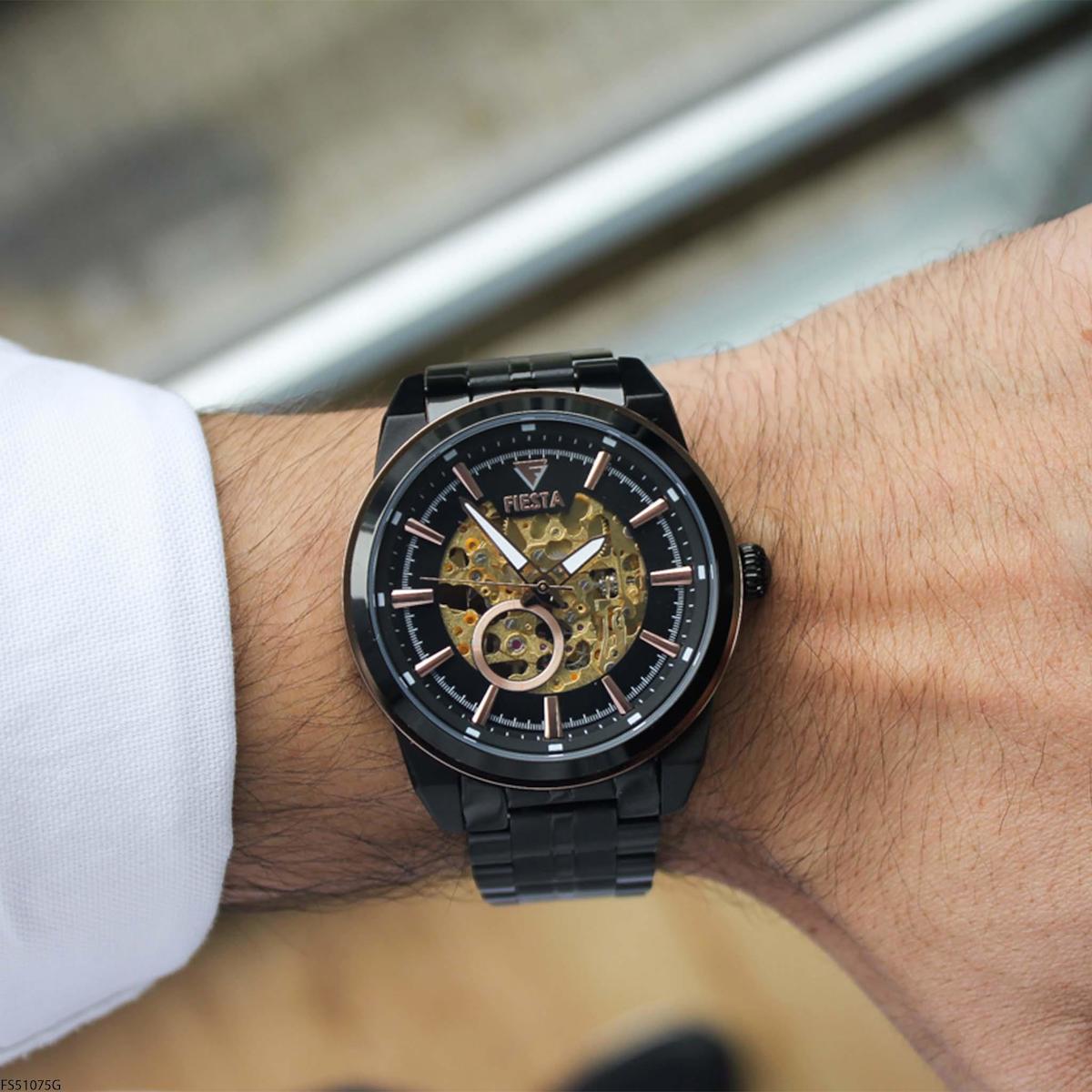 Fiesta FS51075G 45 mm Siyah Çelik Kordon Analog Erkek Kol Saati