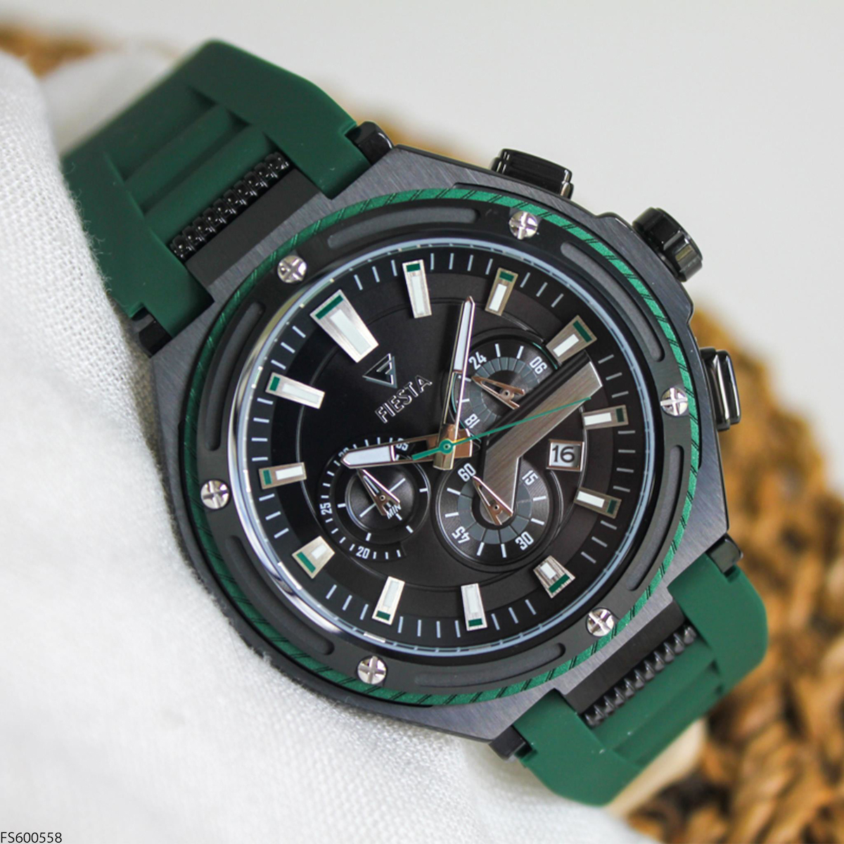 Fiesta FS600558 Takvimli 50 mm Yeşil Silikon Kordon Analog Erkek Kol Saati