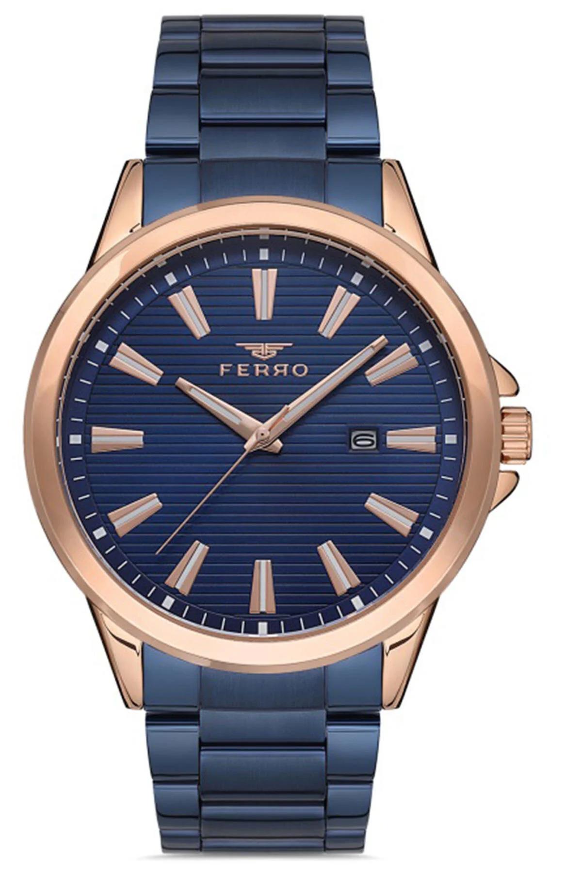 Ferro PREMİUM Su Geçirmez Takvimli 45 mm Lacivert Çelik Kordon Analog Erkek Kol Saati