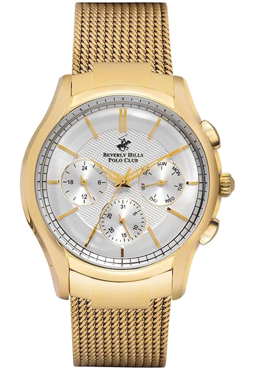 Beverly Hills Polo Club BP3013X130 Takvimli 43 mm Altın Çelik-Hasır Kordon Analog Kol Saati