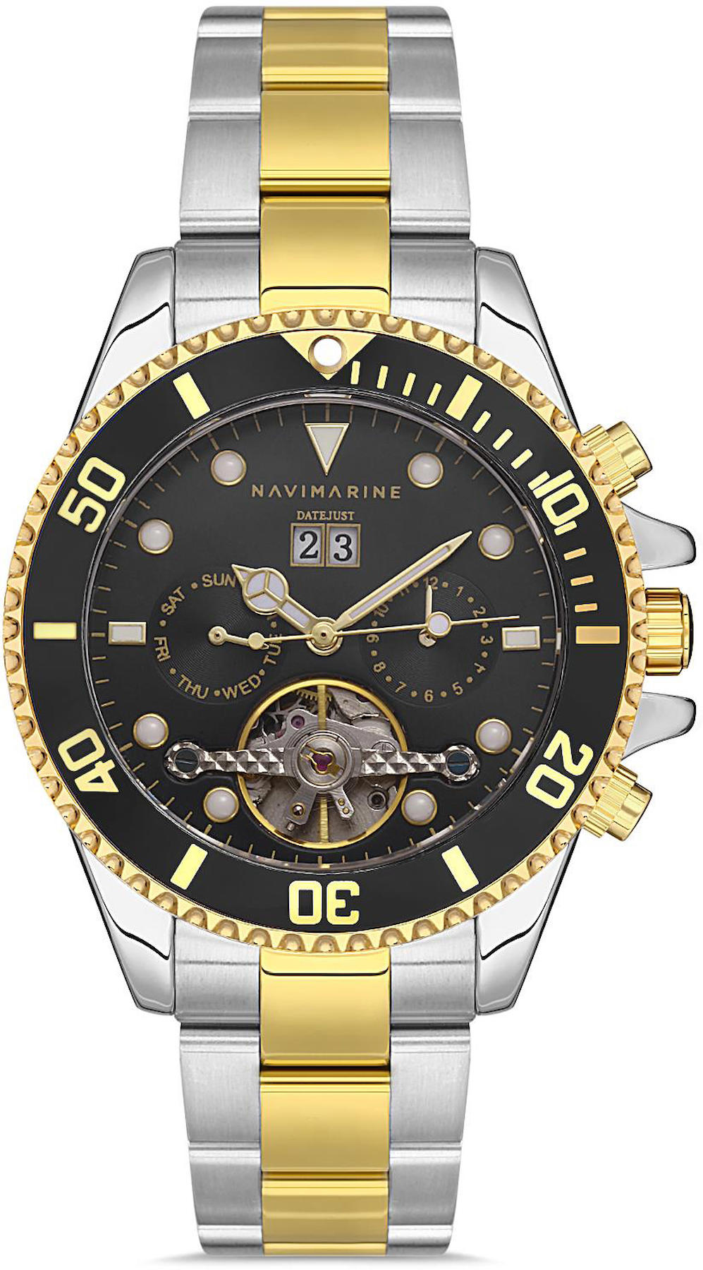 Navimarine NVM2244-03 Takvimli 44 mm Altın-Çelik Kordon Analog Kol Saati