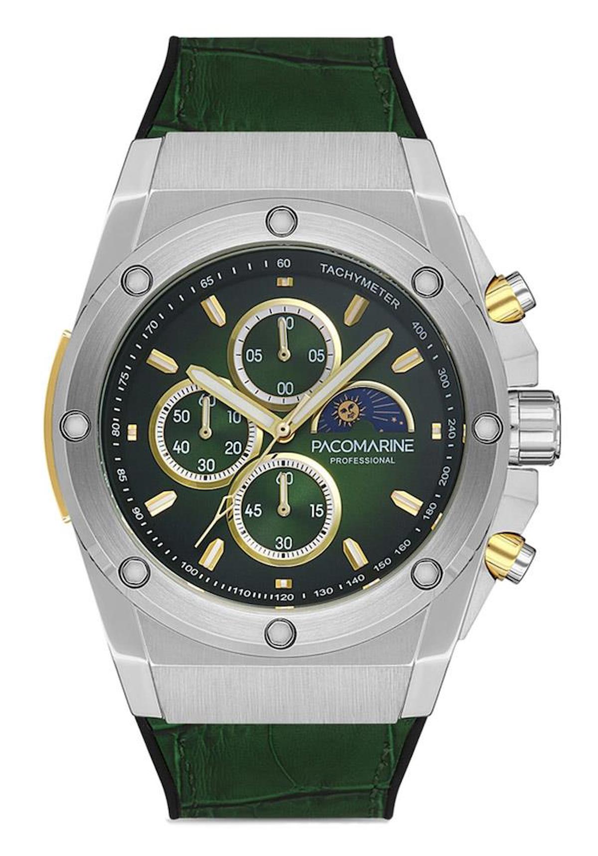 Pacomarine PM.28006.03 Takvimli 40 mm Yeşil Deri Kordon Analog Erkek Kol Saati