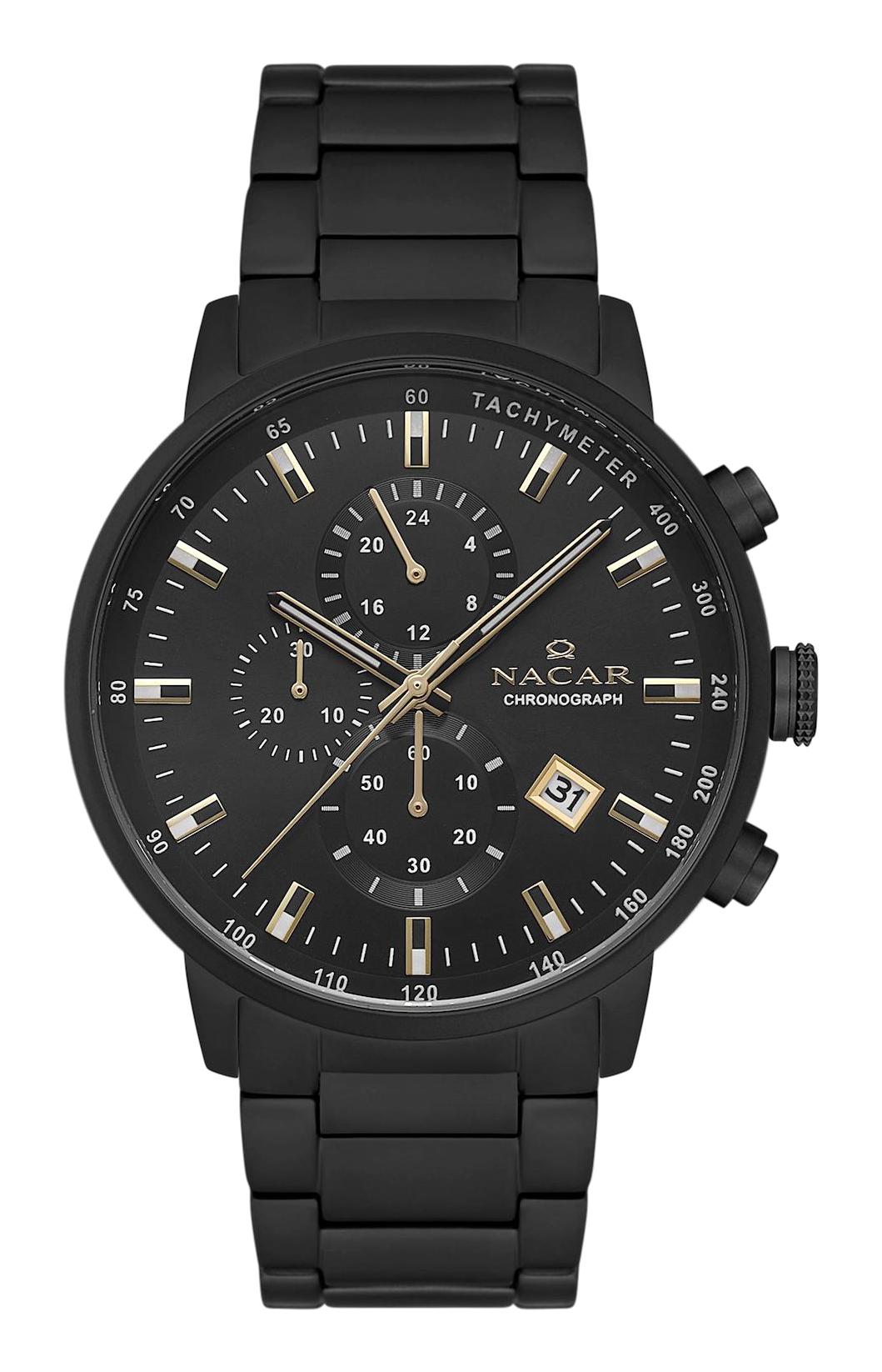 Nacar 3429B257BBCM Takvimli 44 mm Siyah Çelik Kordon Analog Kol Saati