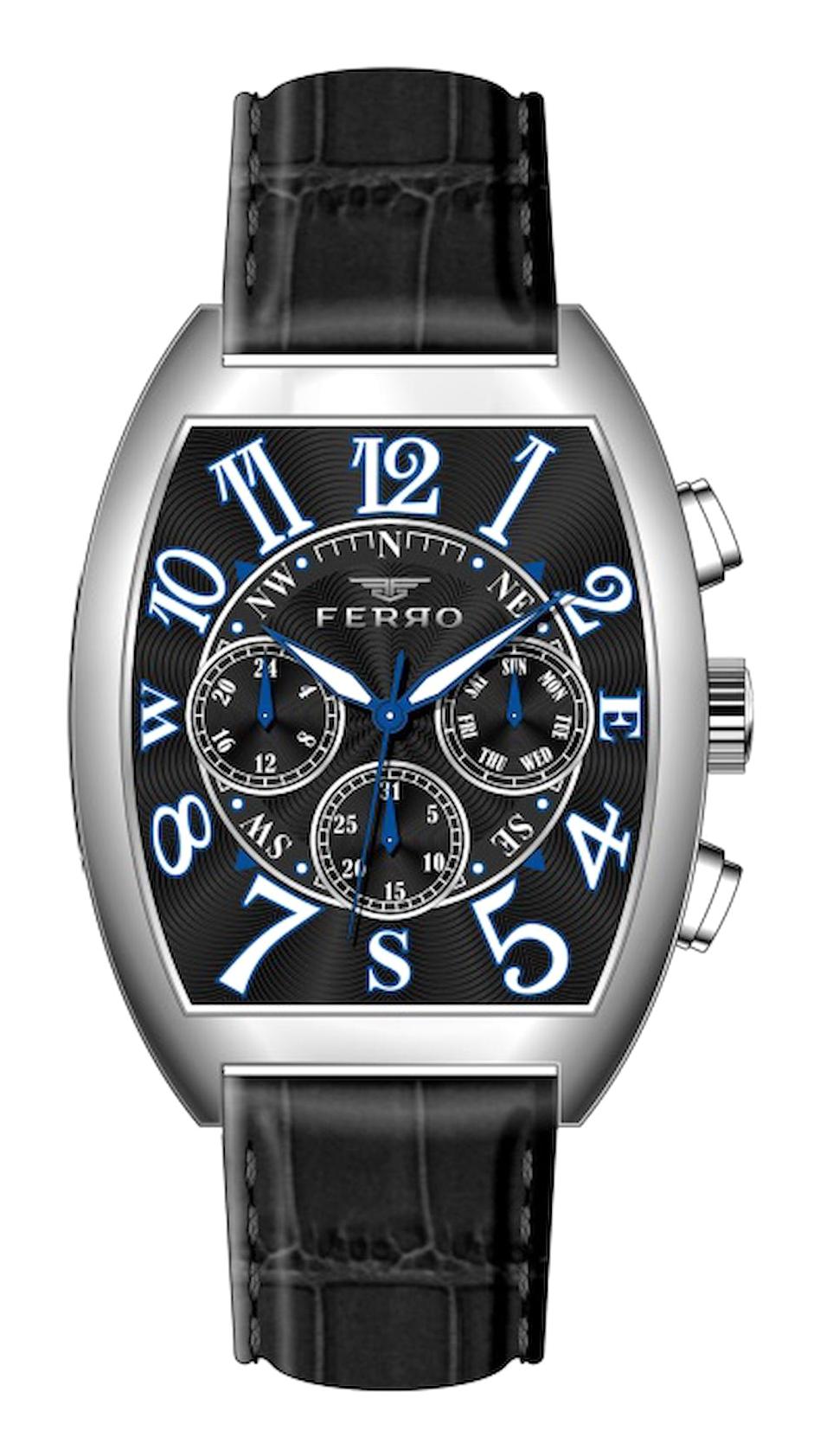Ferro FM11447B-J2 Takvimli 44 mm Siyah Deri Kordon Analog Erkek Kol Saati