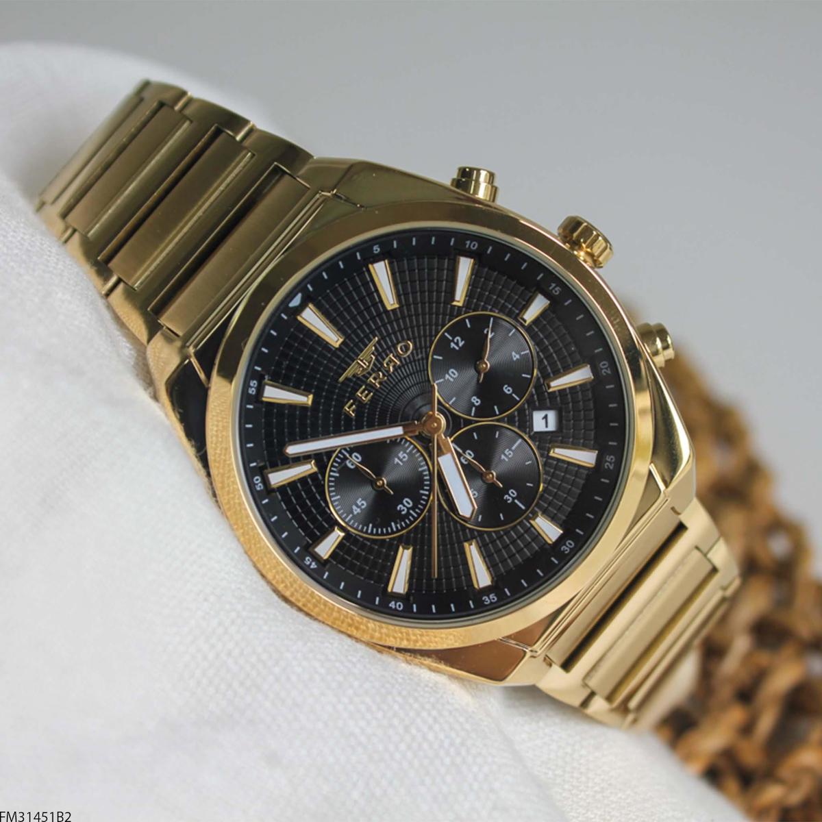 Ferro FM31451B2 Takvimli 45 mm Altın Çelik Kordon Analog Erkek Kol Saati