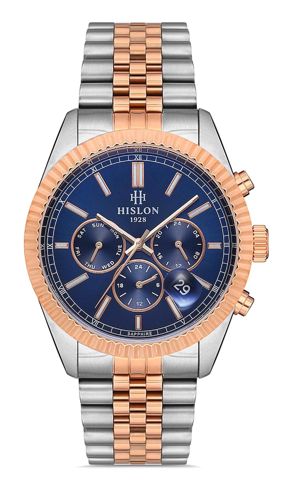 Hislon DT117T-11SR Pusulalı Takvimli 42 mm Gri-Rose Gold Çelik Kordon Analog Erkek Kol Saati