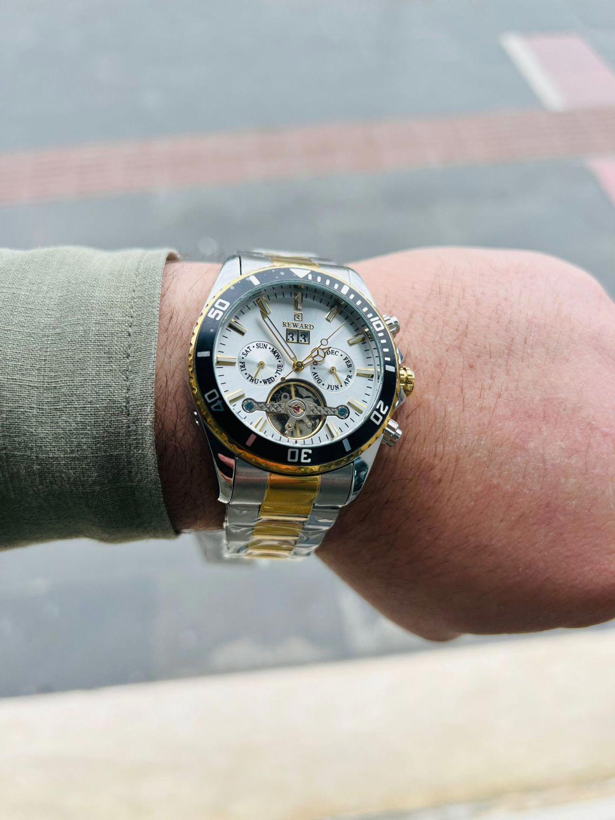Reward RR340-DSD-8 Takvimli 44 mm Gri-Sarı Çelik Kordon Analog Erkek Kol Saati