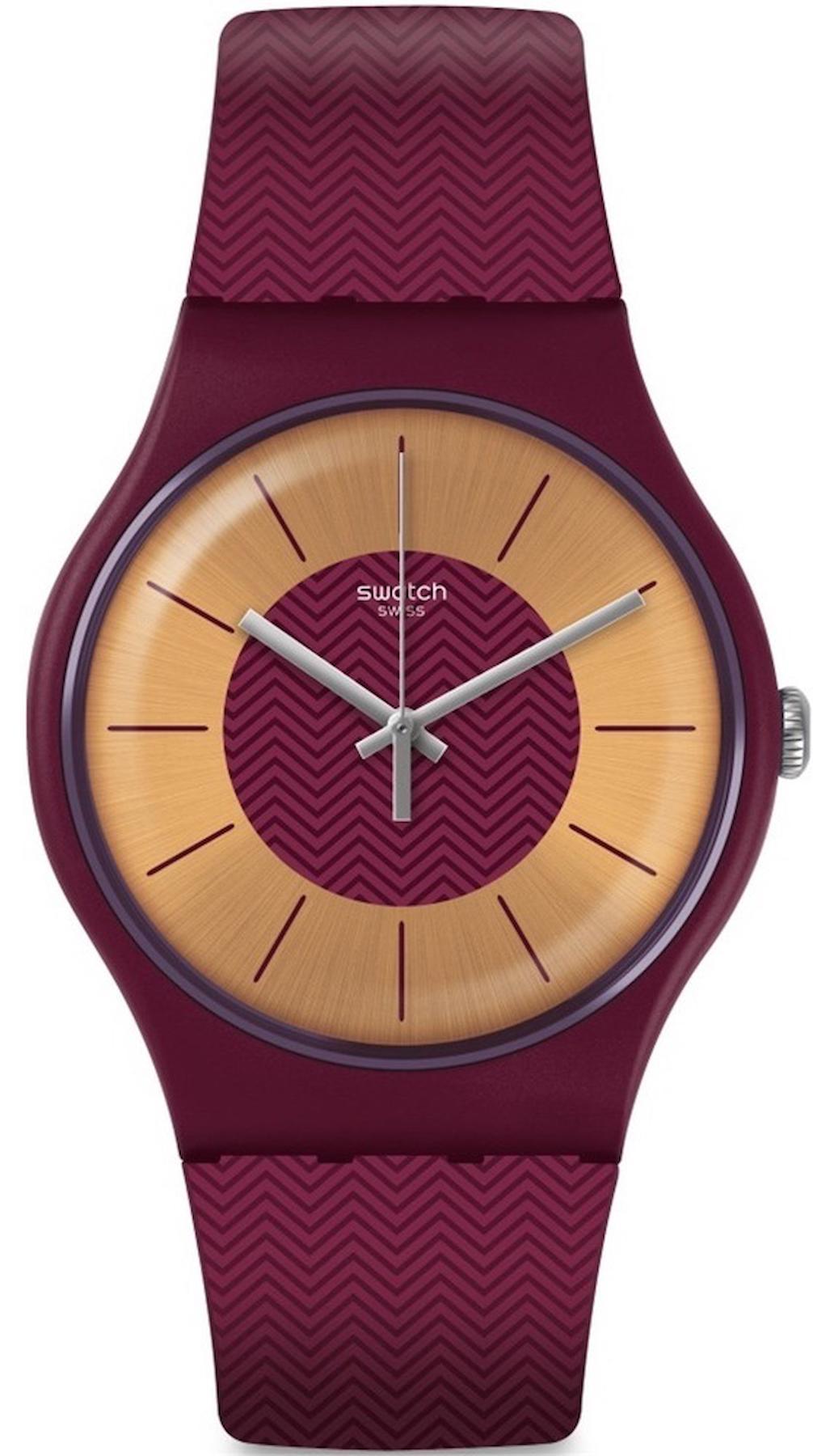Swatch SUOR110 Takvimli 44 mm Bordo Silikon Kordon Analog Kol Saati