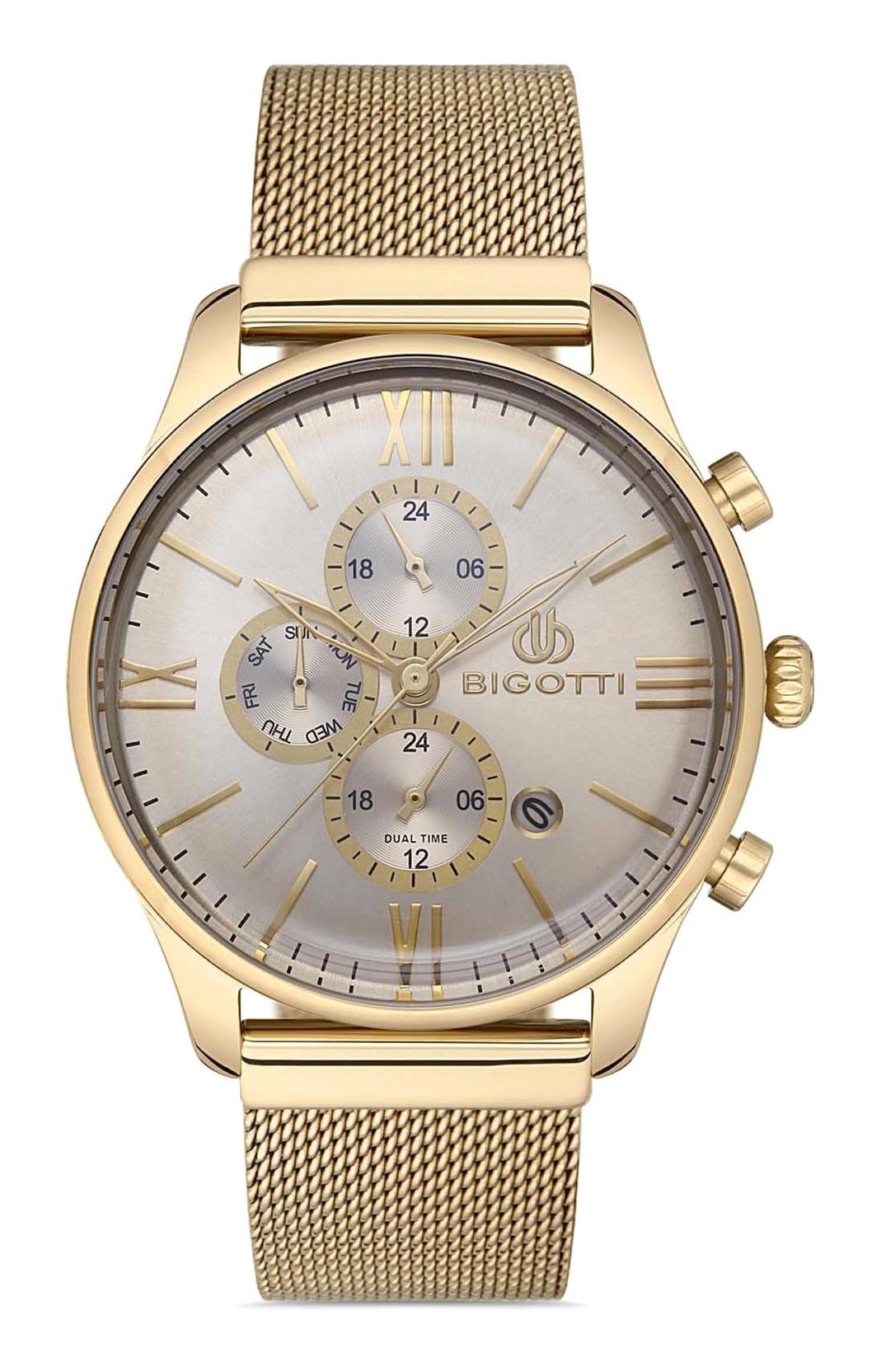 Bigotti BG.1.10277.6 Takvimli 44 mm Altın Çelik-Hasır Kordon Analog Erkek Kol Saati