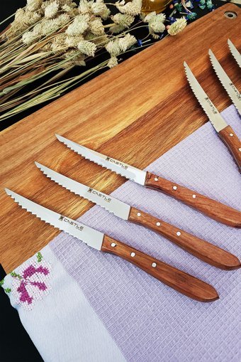 CASTLE KITCHEN Mutfak Bıçak Seti 6'lı Steak Et Kahvaltı Yemek Bıçağı Gül Dalı Sap Kısmı