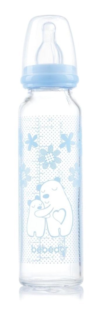 Bebedor 41302 Isıya Dayanıklı Cam Gaz Yapmayan Yavaş Akışlı 3+ Ay Desenli Mavi Biberon 250 ml