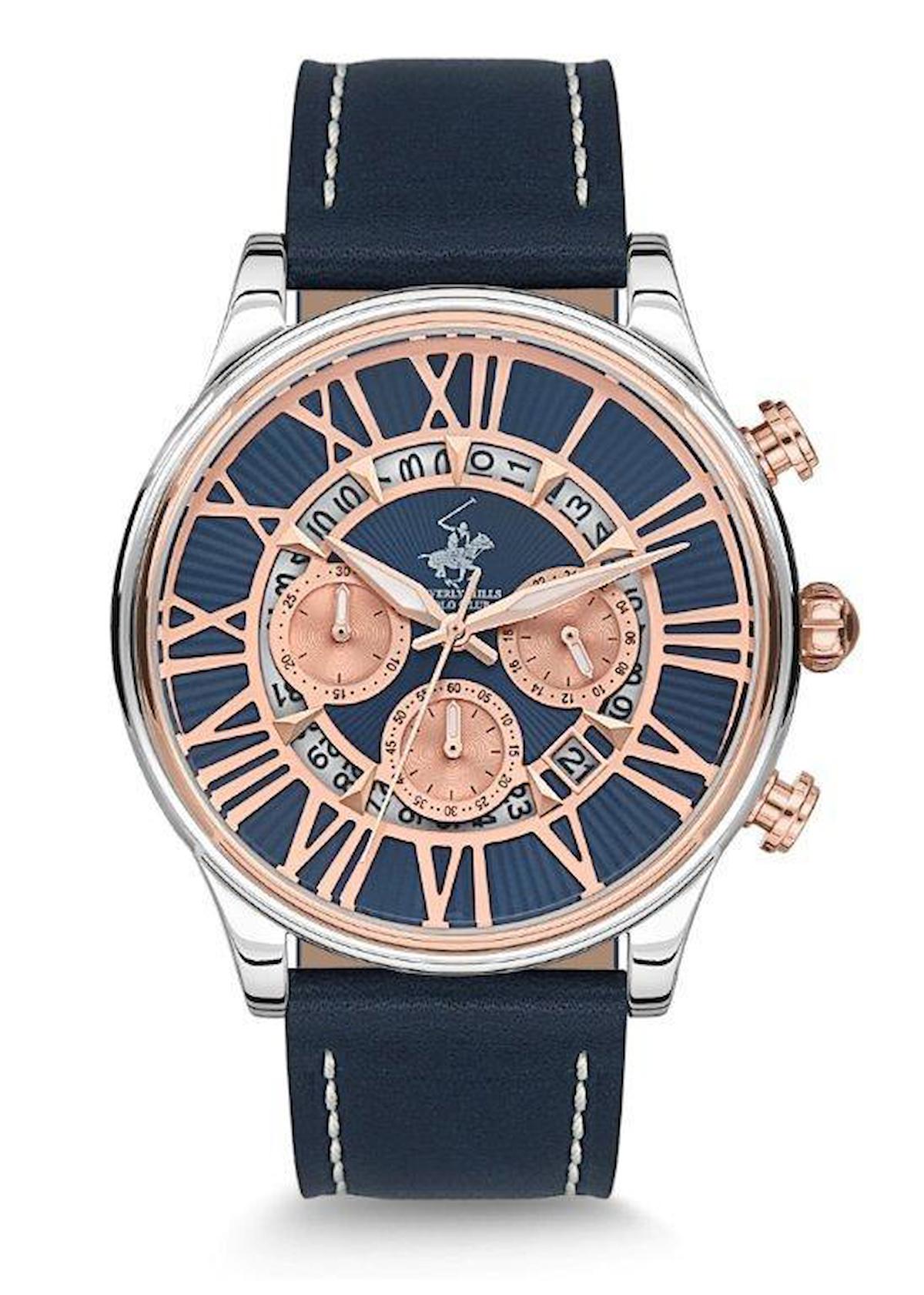 Beverly Hills Polo Club BH604702B Takvimli 46 mm Lacivert Deri Kordon Analog Erkek Kol Saati