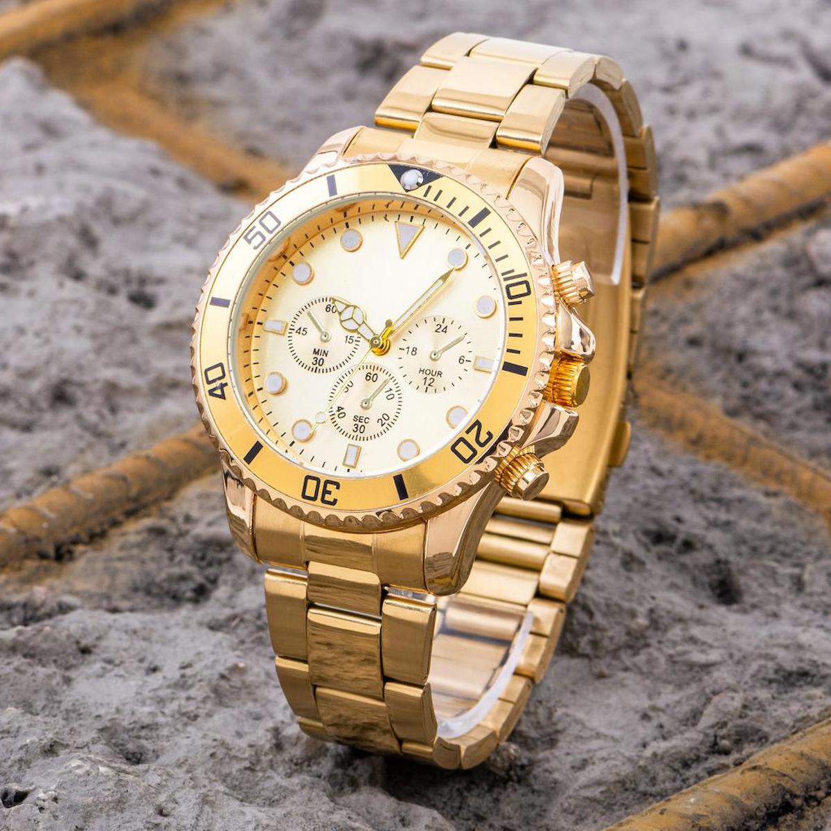 Saattino ST-304204 Takvimli Altın Çelik Kordon Analog Erkek Kol Saati