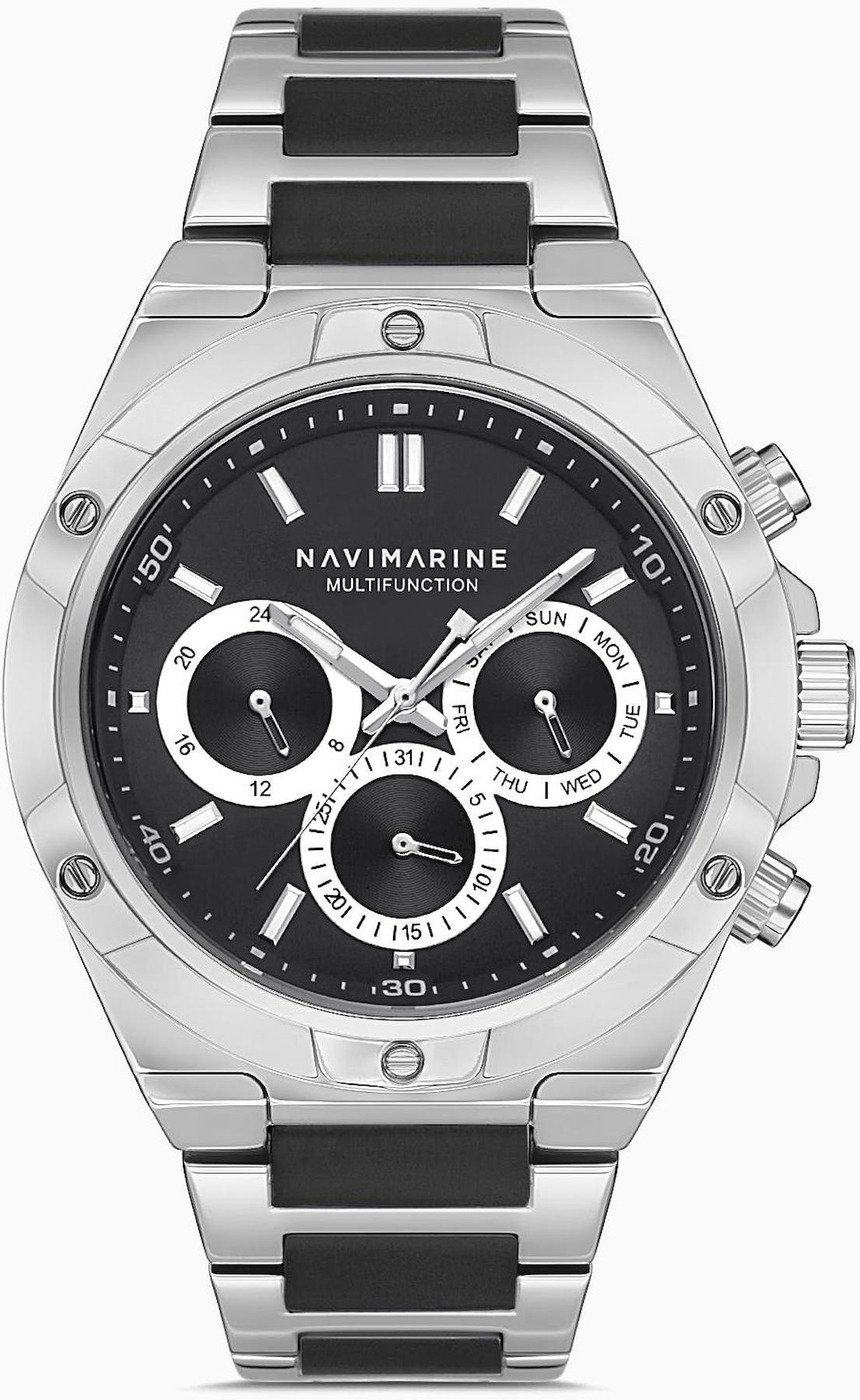 Navimarine NM108-08 Takvimli 42 mm Gri-Siyah Çelik Kordon Analog Kol Saati