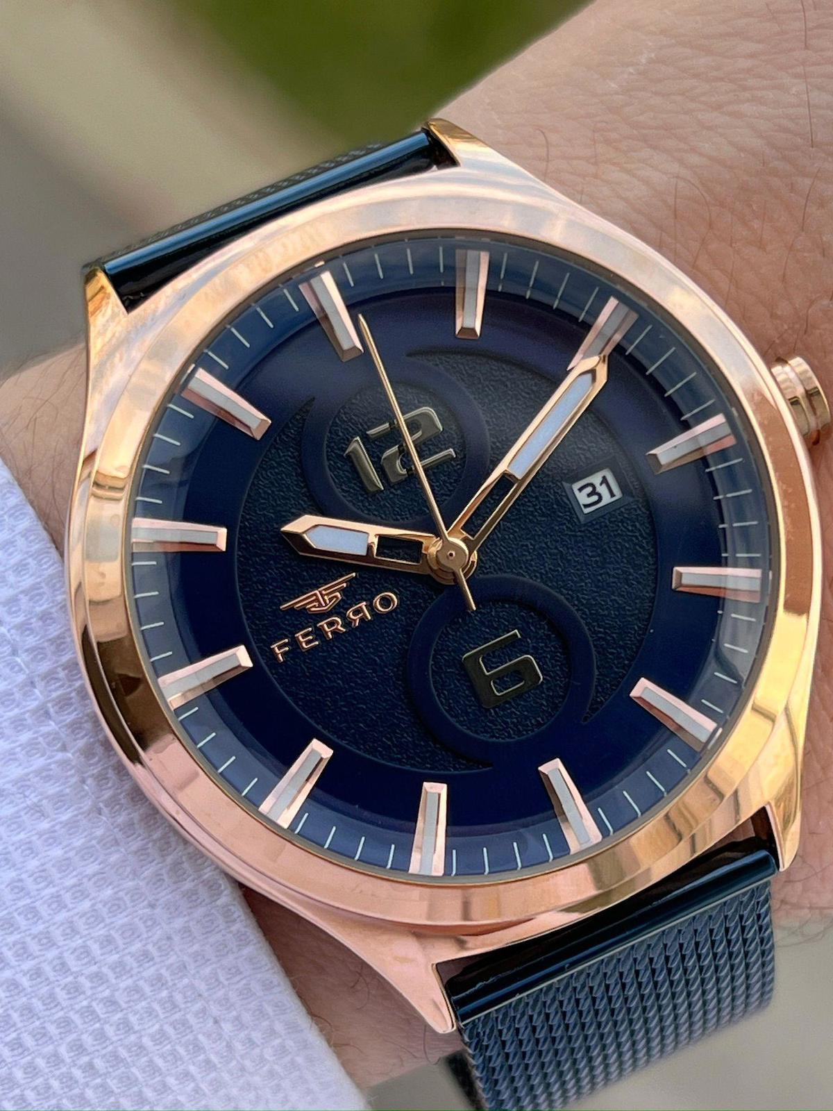 Ferro EF11090-T Su Geçirmez Takvimli 44 mm Lacivert Çelik Kordon Analog Erkek Kol Saati