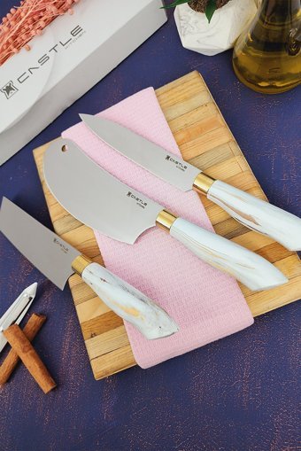 CASTLE KITCHEN Papatya Serisi 3 Lü Mutfak Bıçak Seti ( Doğrama - Nakiri - Börek Salata )