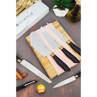 Castle Kitchen Black Copper Serisi 5 Li Mutfak Bıçak Seti ( Eğri Şef - Doğrama - Börek Salata - Ekmek - Sebze )