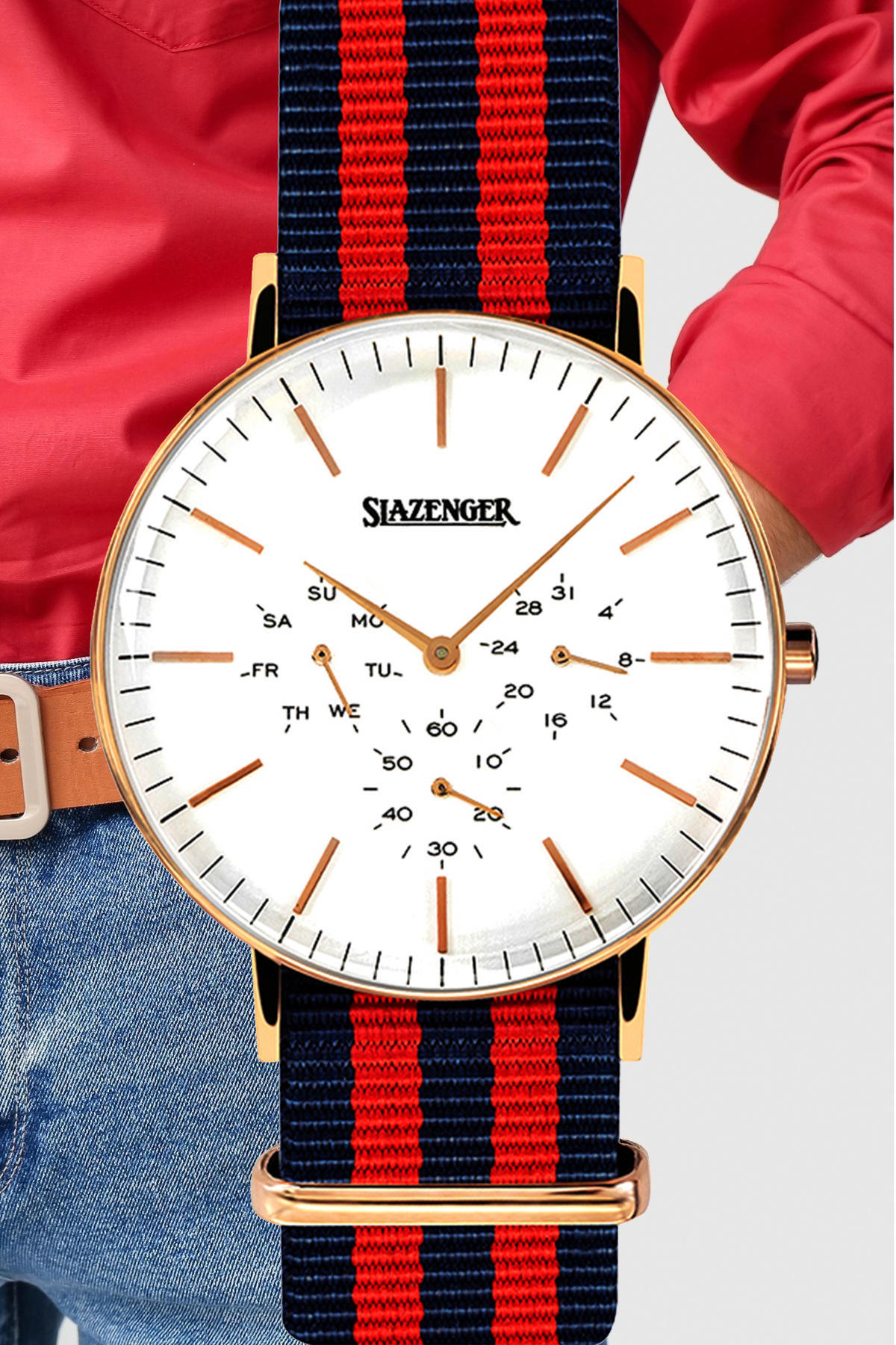 Slazenger SL.09.1981.2.04 Takvimli 40 mm Kırmızı-Lacivert Kumaş Kordon Analog Erkek Kol Saati