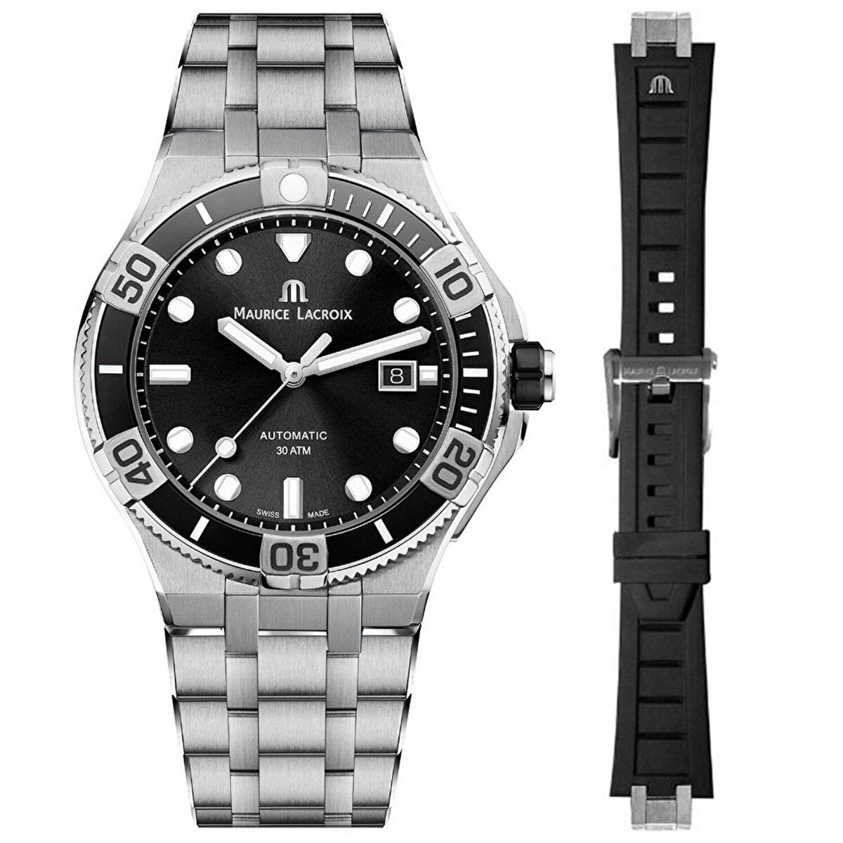 Maurice Lacroix ML-AI6058SS002330-2 Takvimli 44 mm Gri-Siyah Çelik Kordon Analog Erkek Kol Saati