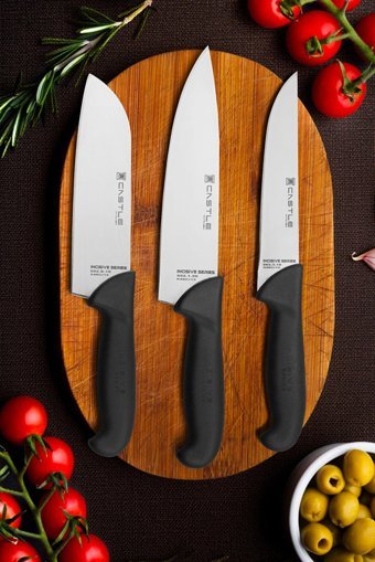 CASTLE KITCHEN Incisive Serisi 3 Parça Mutfak Bıçak Seti Santaku Şef Et Ekmek Sebze Meyve Bıçak
