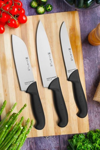 CASTLE KITCHEN Incisive Serisi 3 Parça Mutfak Bıçak Seti Santaku Şef Et Ekmek Sebze Meyve Bıçak