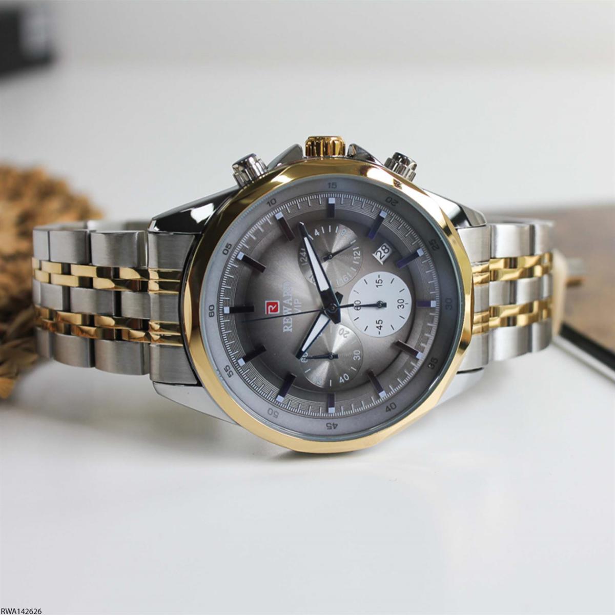 Reward RWA142626 Takvimli 45 mm Gri-Sarı Çelik Kordon Analog Erkek Kol Saati