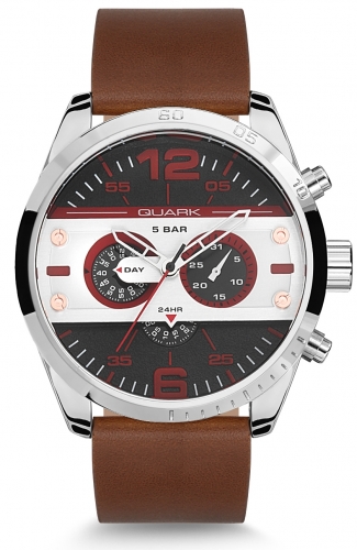 Quark QC-280D-7A Takvimli 34 mm Kahverengi Deri Kordon Analog Kol Saati