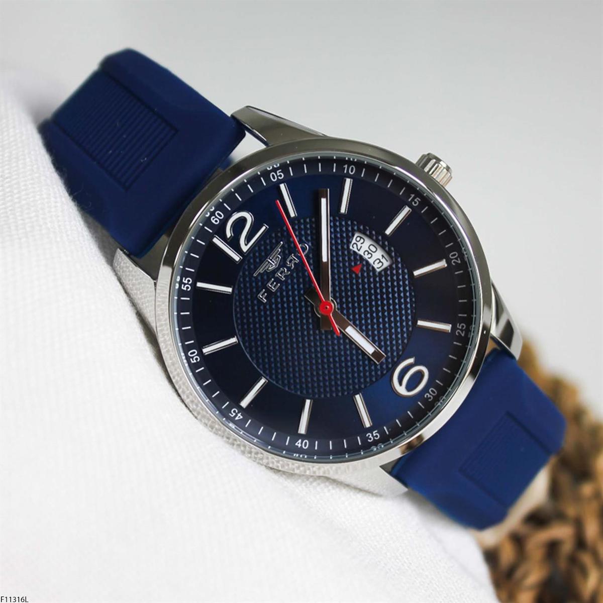 Ferro F11316L Takvimli 41 mm Lacivert Silikon Kordon Analog Erkek Kol Saati