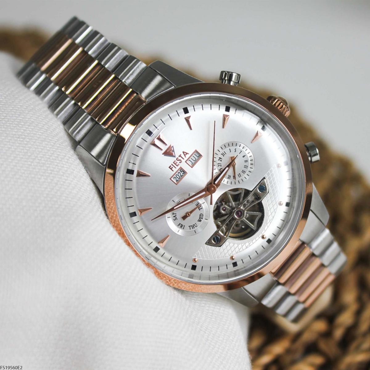 Fiesta FS19560E2 Takvimli 45 mm Gri-Rose Gold Çelik Kordon Analog Erkek Kol Saati
