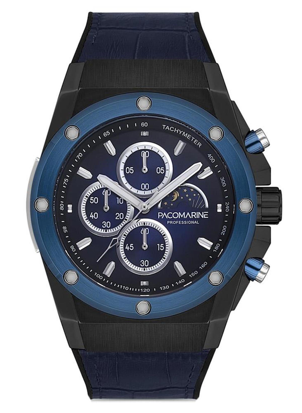 Pacomarine PM.28006.04 Takvimli 44 mm Lacivert Deri Kordon Analog Erkek Kol Saati