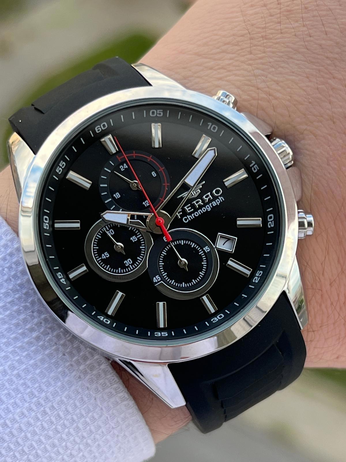 Ferro E-MN.9D5032 Su Geçirmez Pusulalı Takvimli 44 mm Siyah Silikon Kordon Analog Erkek Kol Saati