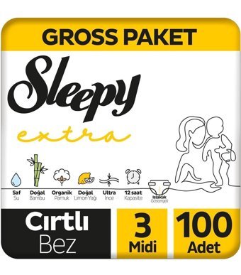 Sleepy Extra 3 Numara Organik Cırtlı Bebek Bezi 100'lü