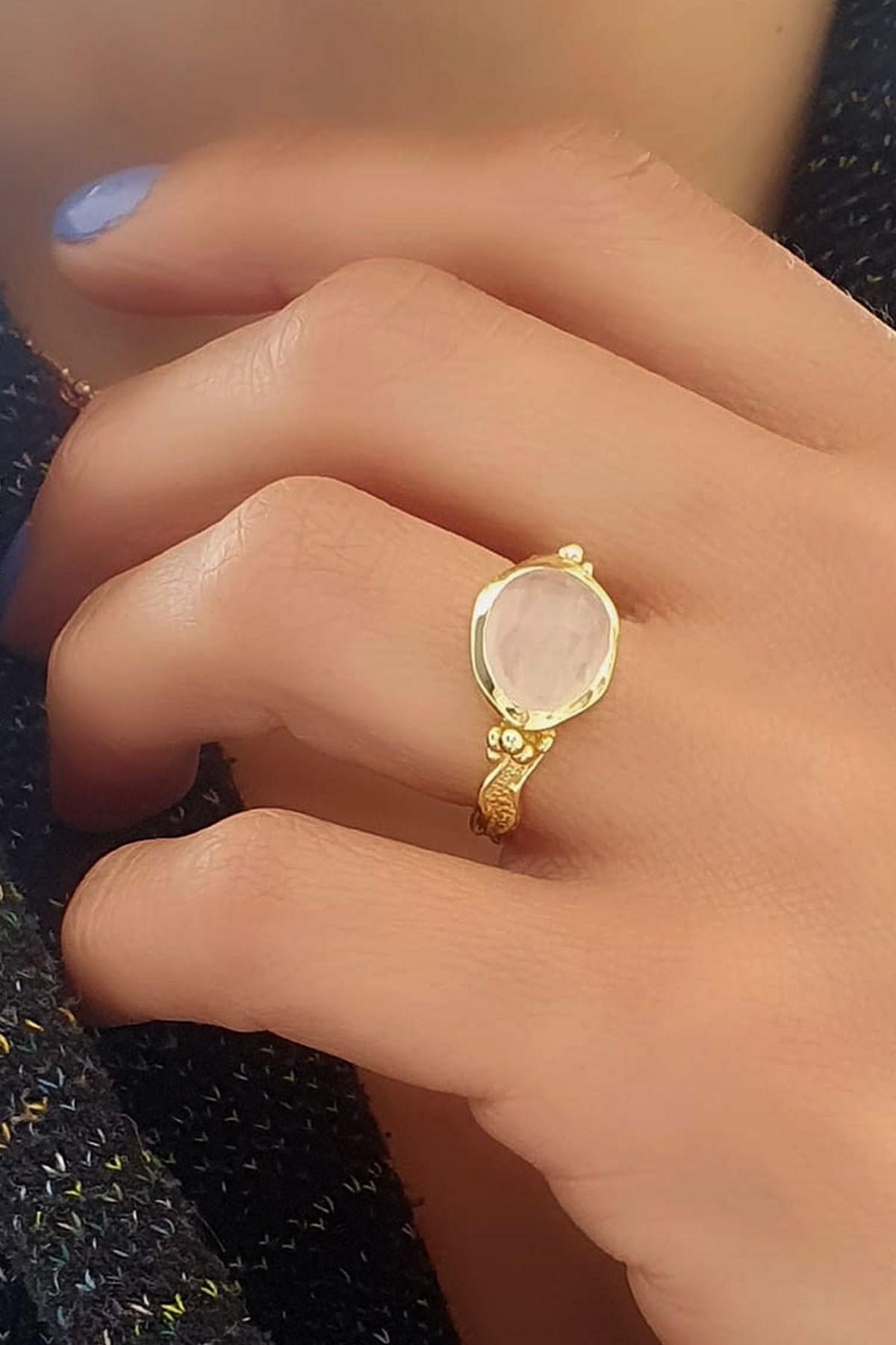 Oseshop Pembe Kuvars Taşlı 925 Ayar Altın Yüzük