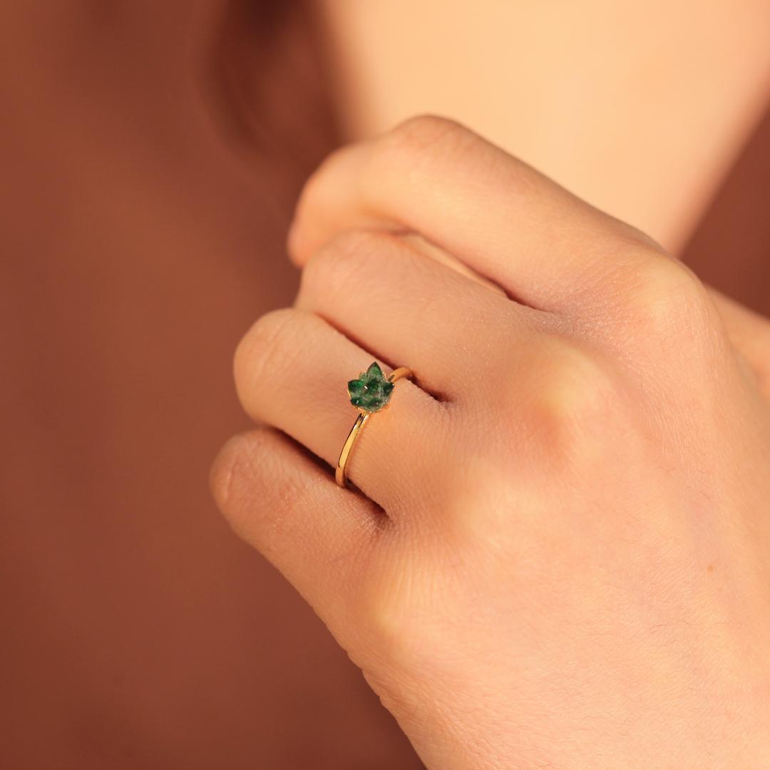 Adil İdil Kuyumculuk Yeşil Taşlı Lotus 14 Ayar Sarı-Rose Gold Altın Yüzük