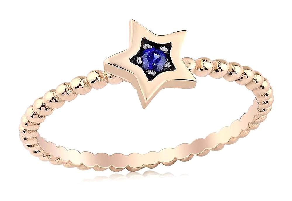 İryum Yıldızlı Mavi Safir Taşlı 14 Ayar Rose Gold Altın Yüzük