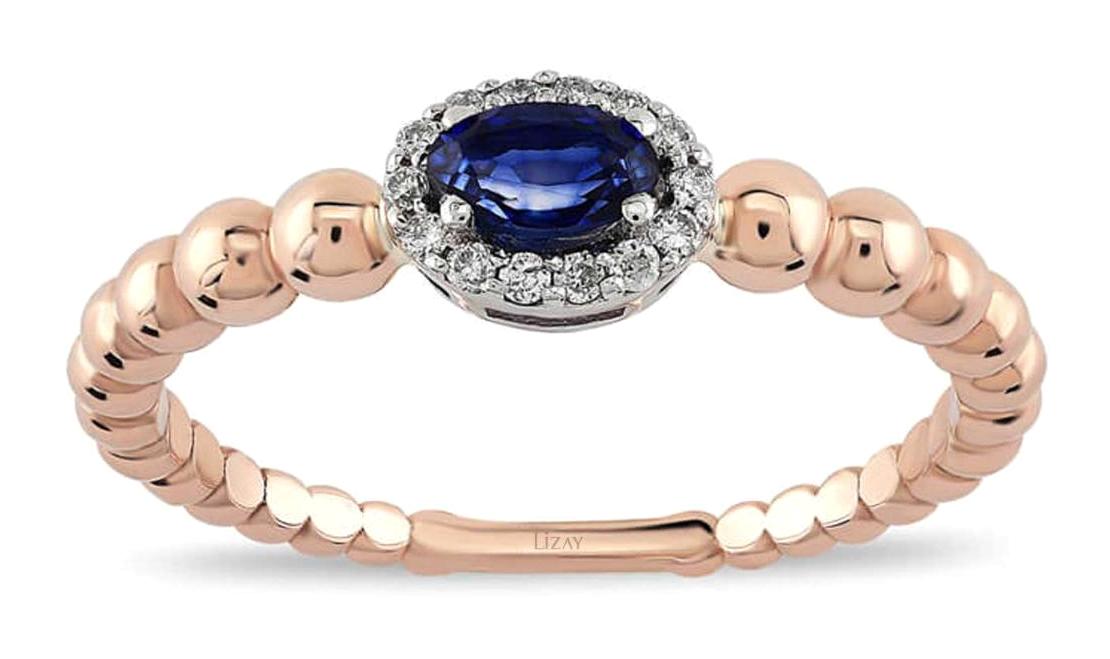 Lizay Pırlanta Mavi Safir Taşlı 14 Ayar Rose Gold Altın Yüzük