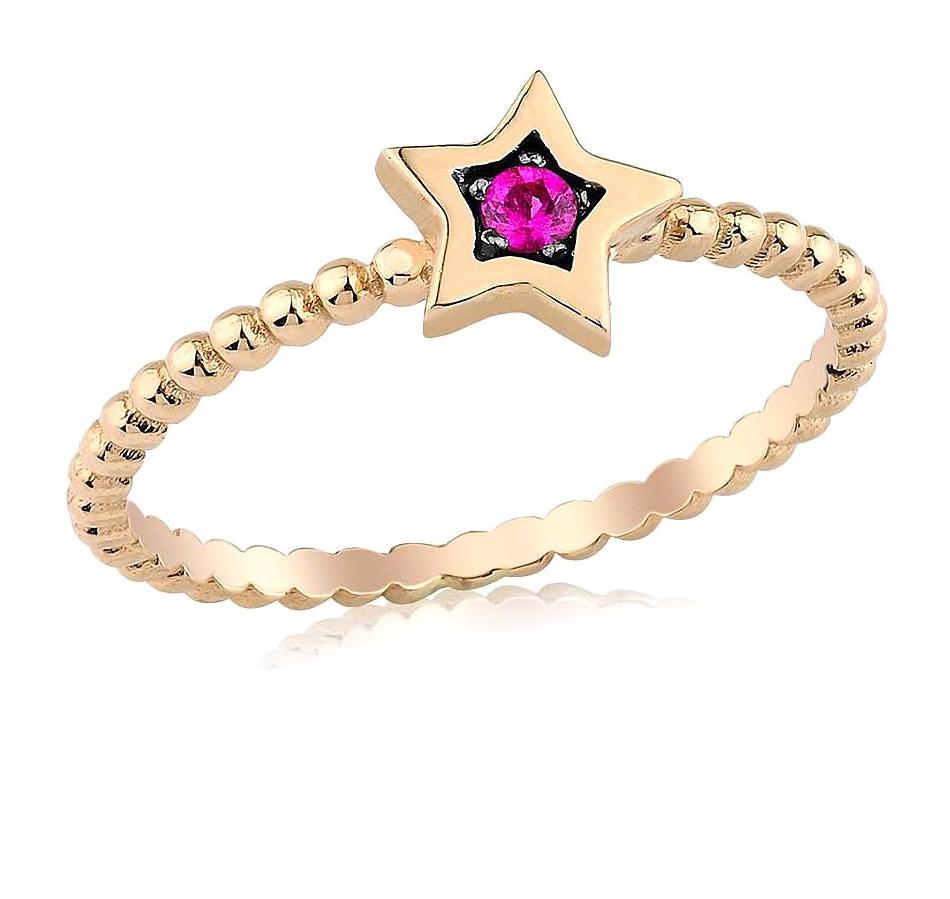 İryum Yıldızlı Pembe Yakut Taşlı 14 Ayar Rose Gold Altın Yüzük