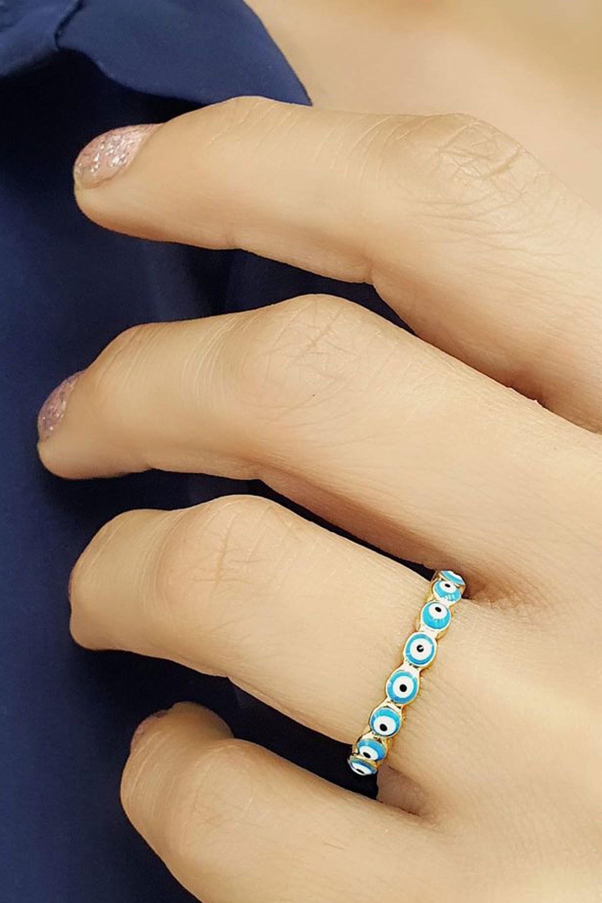 Oseshop Nazar Boncuklu Beyaz Mineli 925 Ayar Altın Yüzük