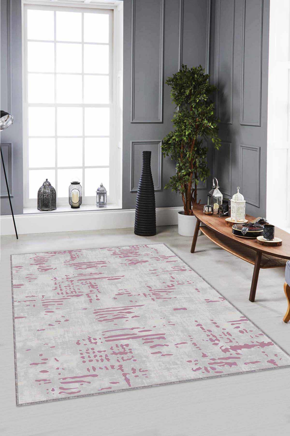 Viva Home DR005 Pembe 7 mm Mikropolyester Leke Tutmaz Yıkanabilir İnce Kaymaz Dot Taban Dikdörtgen Makine Dokuma Salon Halısı 120x180 cm
