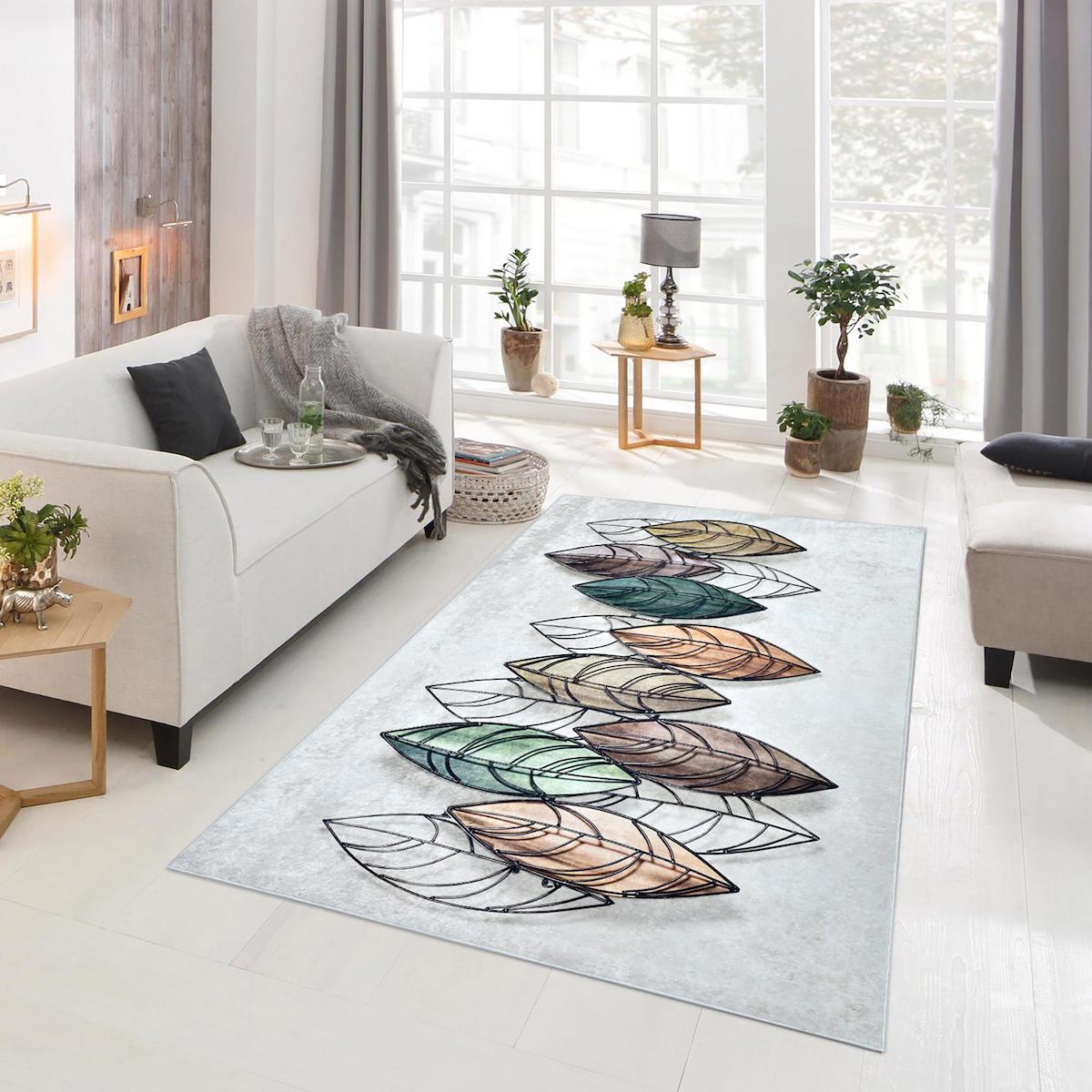 Giza Home 9308 Krem 0.8 mm İpek Yıkanabilir Orta Kaymaz Dot Taban Çiçek Desenli Dikdörtgen Makine Dokuma Oturma Odası Halısı 100x200 cm