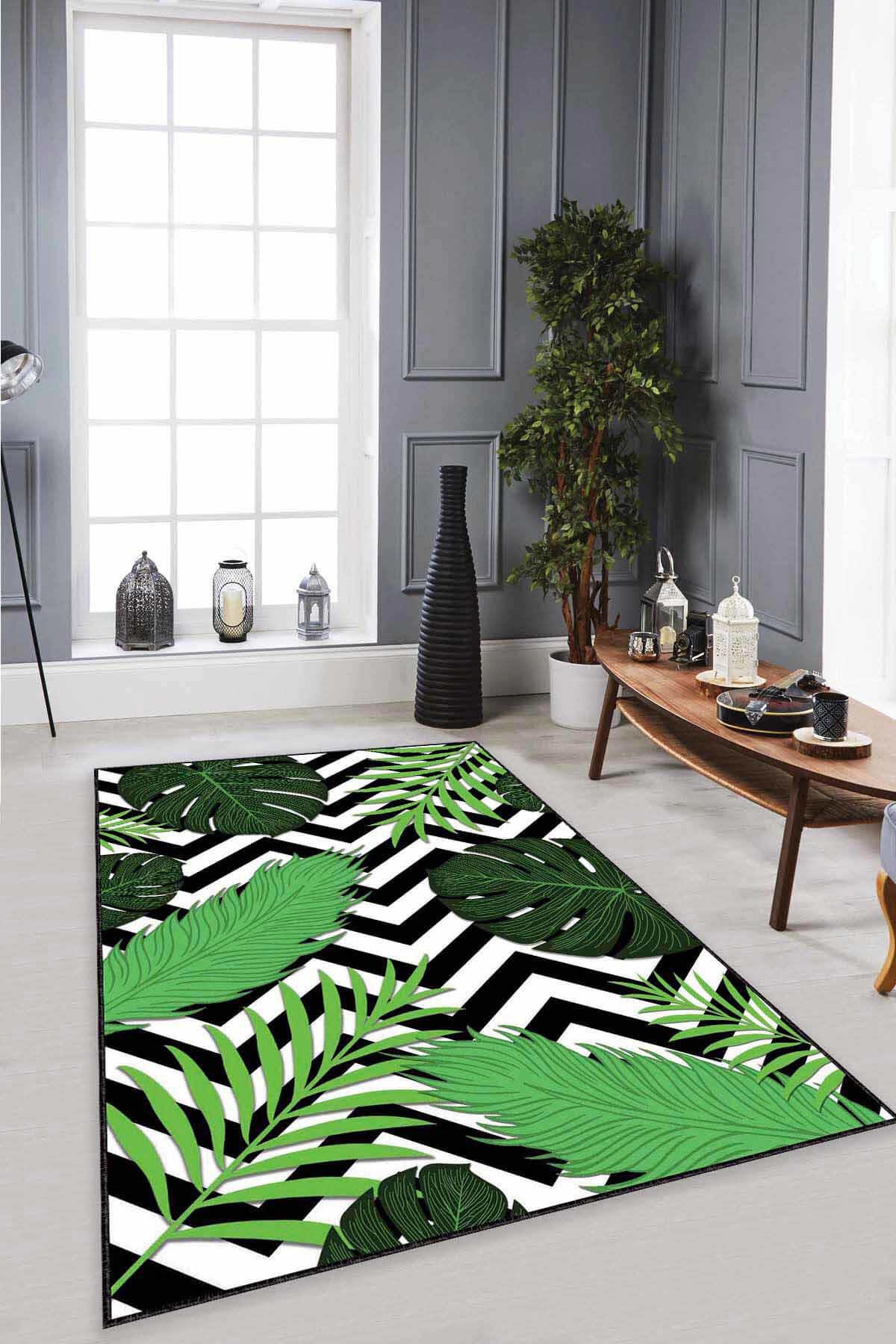Viva Home RV346 Yeşil 7 mm Mikropolyester Yalıtıma Yardımcı Yıkanabilir İnce Kaymaz Taban Dikdörtgen Makine Dokuma Antre-Salon-Yatak Odası Halısı 200x290 cm