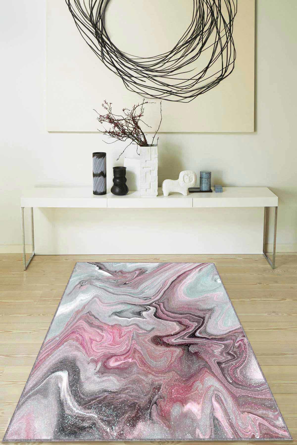 Viva Home RV131 Pembe 7 mm Mikropolyester Leke Tutmaz Yıkanabilir İnce Kaymaz Dot Taban Dikdörtgen Makine Dokuma Salon Halısı 100x150 cm
