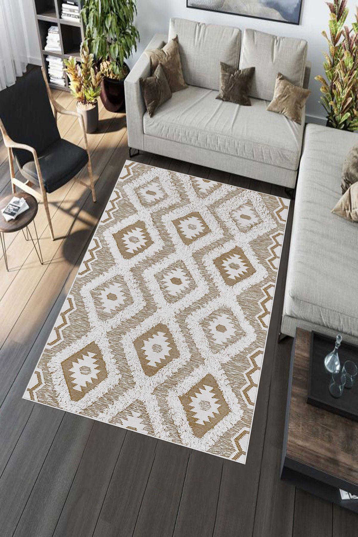 Aldora A279 Kahverengi 9 mm Deri Toz Tutmaz Yıkanabilir Orta Kaymaz Taban Dikdörtgen Makine Dokuma Salon Halısı 120x120 cm