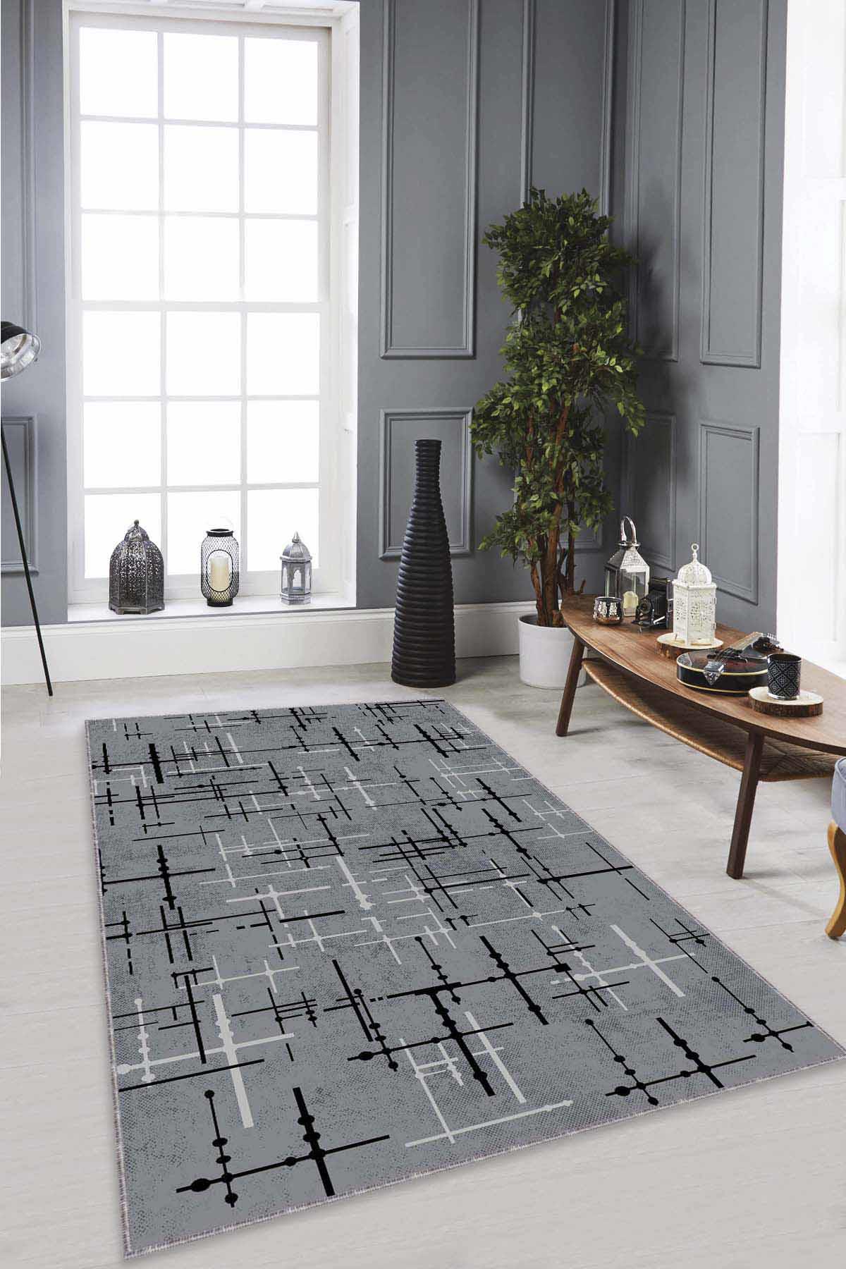 Viva Home AR479 Gri 7 mm Mikropolyester Toz Tutmaz Yıkanabilir İnce Kaymaz Dot Taban Dikdörtgen Makine Dokuma Salon Halısı 100x140 cm