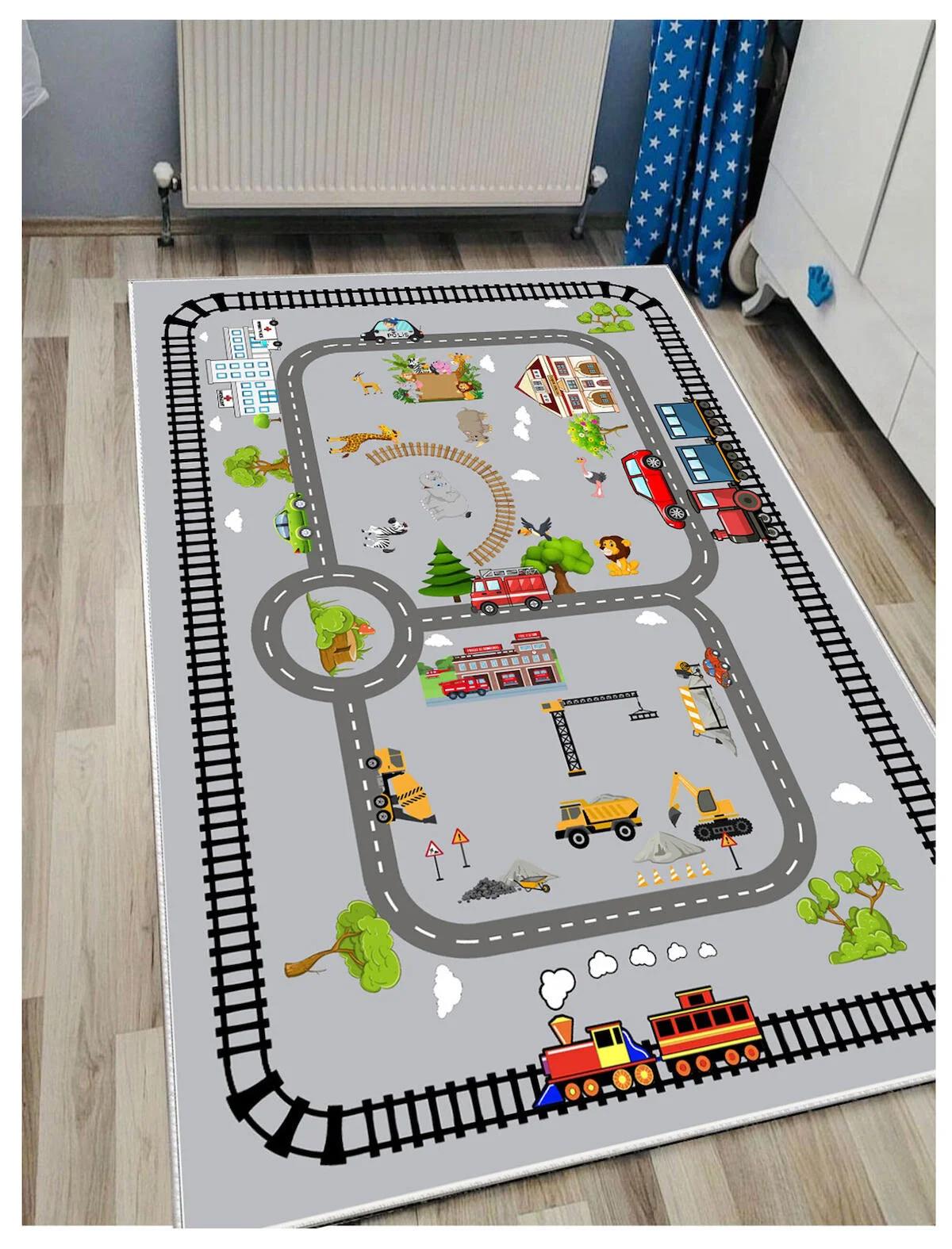 Sty Home Gri 0.8 mm Antialerjenik-Antibakteriyel-Antistatik-Leke Tutmaz-Toz Tutmaz Yıkanabilir İnce Kaymaz Dot Taban Hayvan Desenli Dikdörtgen Makine Dokuma Halı 80x150 cm