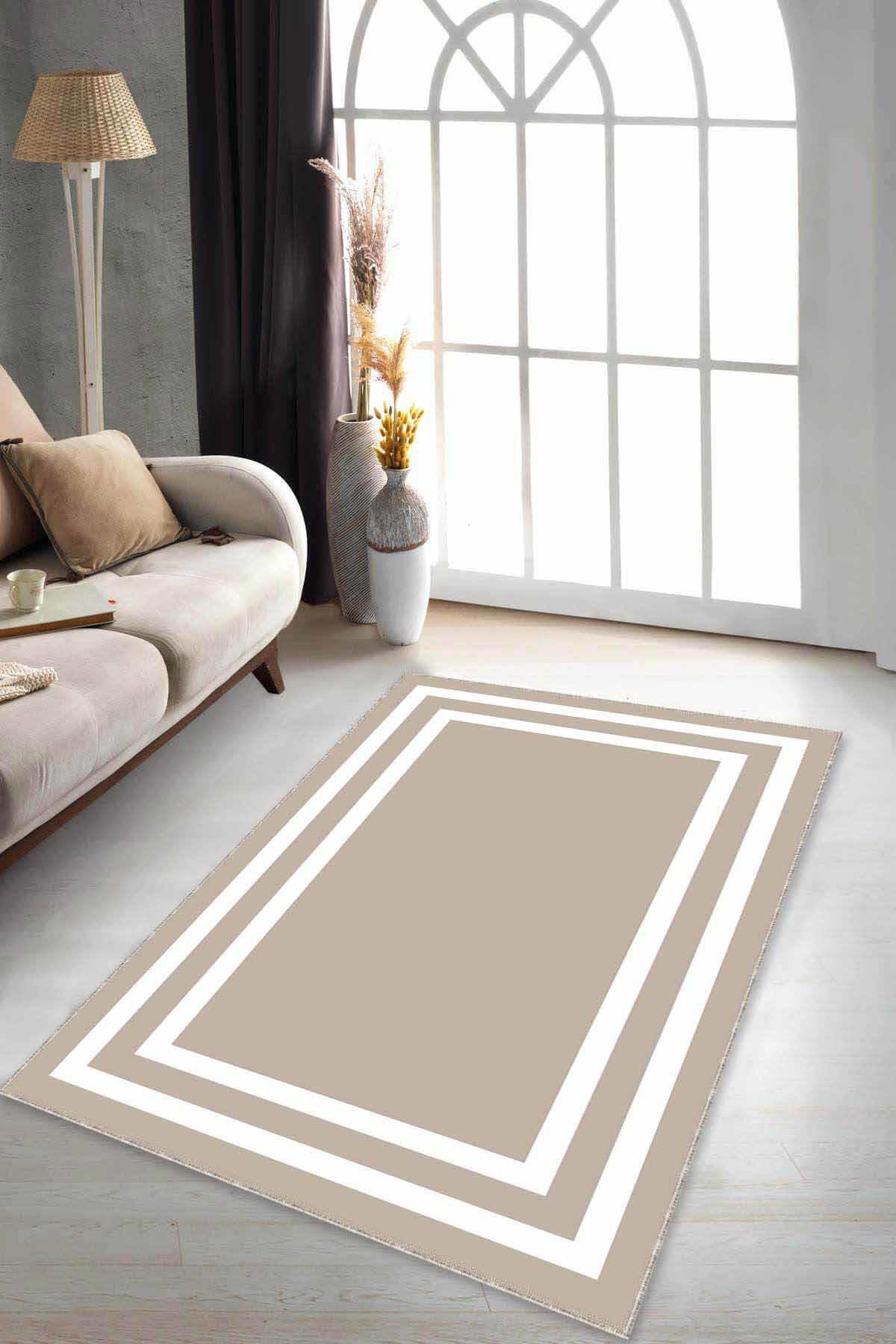 Viva Home AR477 Bej 7 mm Mikropolyester Yıkanabilir İnce Kaymaz Jüt Taban Dikdörtgen Makine Dokuma Salon Halısı 200x290 cm