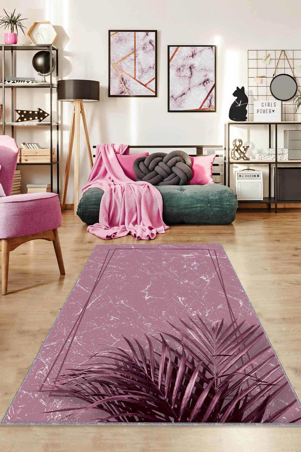 Viva Home RV186 Pembe 7 mm Mikropolyester Leke Tutmaz Yıkanabilir İnce Kaymaz Dot Taban Dikdörtgen Makine Dokuma Salon Halısı 100x300 cm