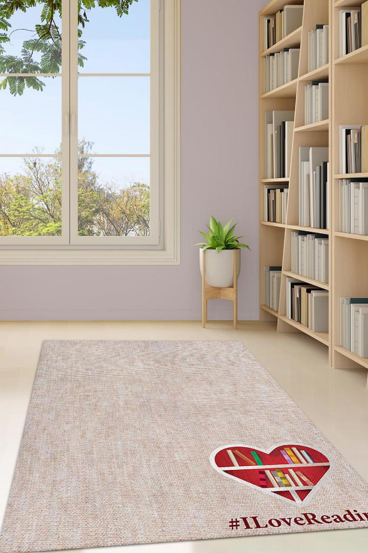 Homshtag Okumaya Aşığım Çok Renkli 4 mm Pamuk Antistatik Yıkanabilir İnce Kaymaz Dikdörtgen Makine Dokuma Çalışma Odası Halısı 120x200 cm
